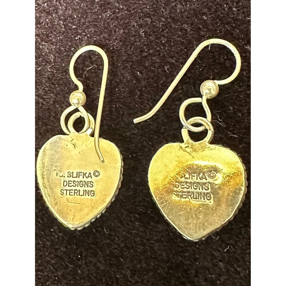 Joan Slifka Sterling Silver Plum Carved Heart Dangle Earrings Signed Hallmarked - Picture 3 of 10